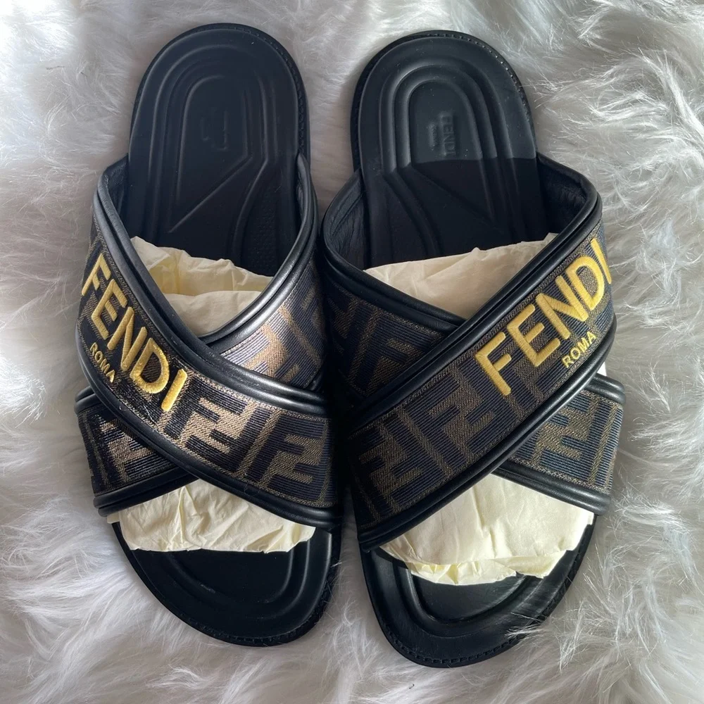 Authentic Fendi Cross-Strap FF Logo Sandals Mens - Picture 1 of 7